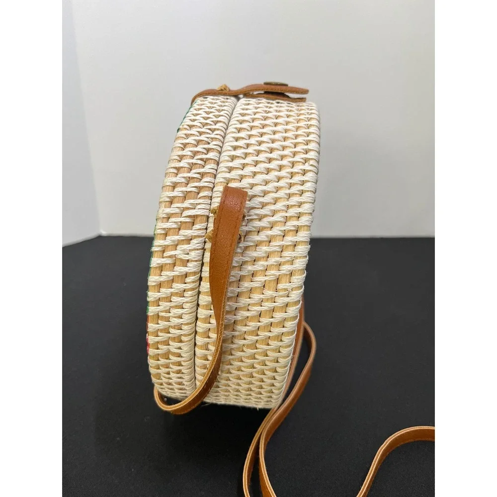Tropical Floral Round Woven Rattan Crossbody Bag Hibiscus Monstera Straw Purse